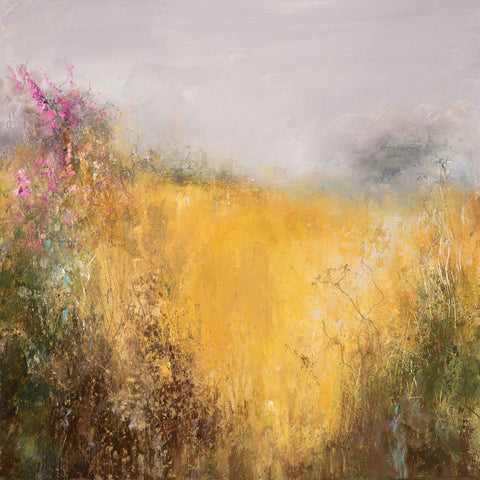 A painting of foxgloves in golden fields in Cornwall by artist Amanda Hoskin
