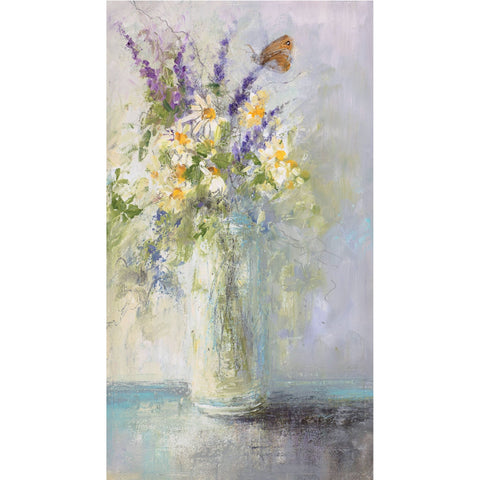 A still life painting of a butterfly, lavender and daisies picked from the garden by artist Amanda Hoskin