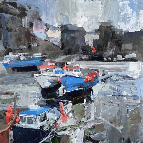 Painting of the boats and buildings at Mevagissey Harbour, Cornwall by artist Andrew Jago.
