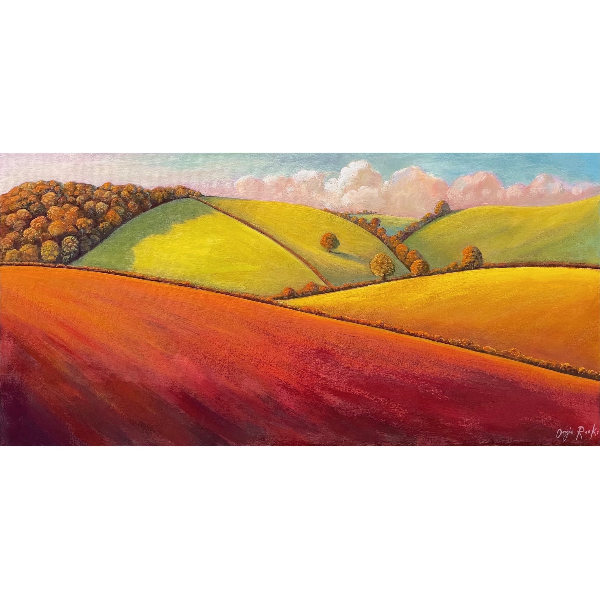 Painting of trees and rolling fields at the end of summer by artist Angie Rooke