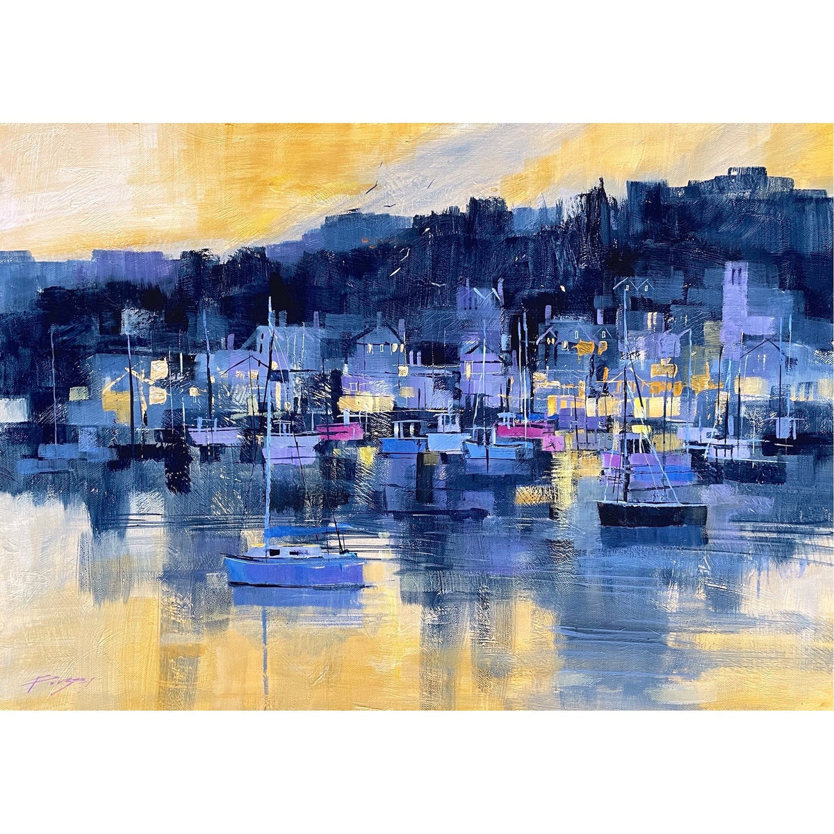 Tableau Ancien Aquarelle Originale – Fowey Harbour Cornwall – 1911 (Paysage)