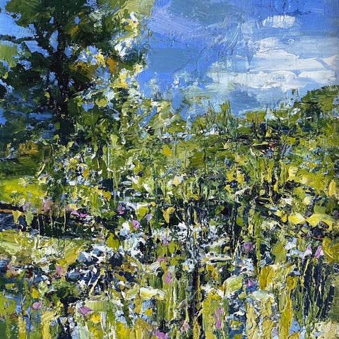 Painting of an oak tree in a summer meadow by artist John Brenton