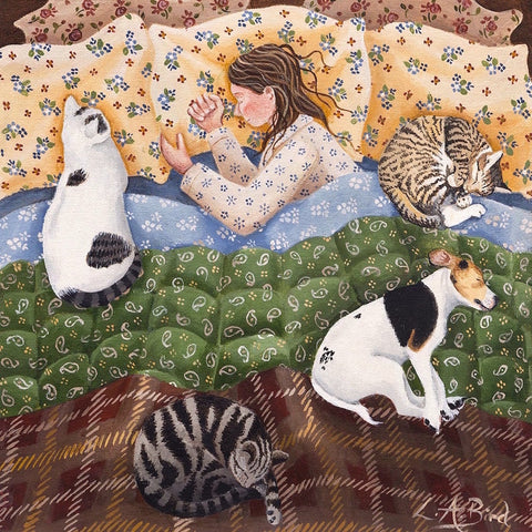 Painting of a girl sleeping in bed surrounded by her pets by artist Lucy Almey Bird