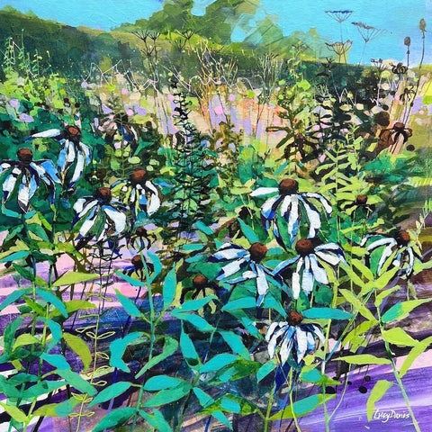 Painting of plants and flowers in a garden in late-Summer by artist Lucy Davies
