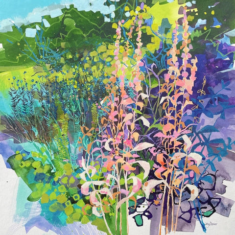 Painting of plants and flowers in a summer garden by artist Lucy Davies