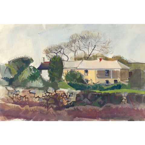 Painting of cottages and trees by artist Sam Dodwell
