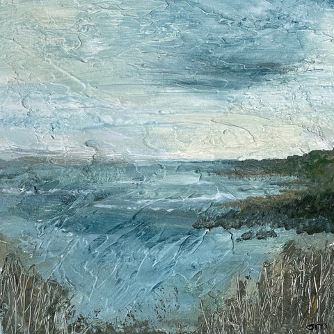 Mixed media painting of the sea and coast by artist Sally MacCabe