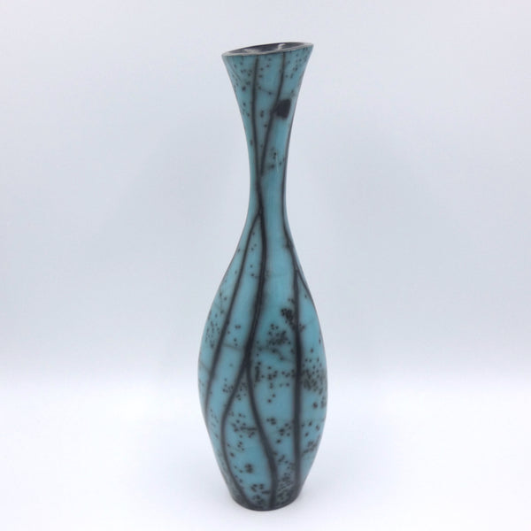 Raku fired narrow necked vase in jade green by artist Helen Rondell