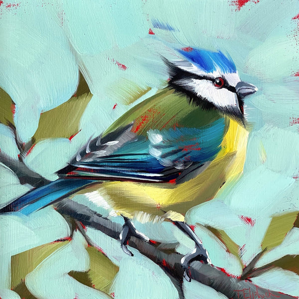 Painting of a blue tit by artist Tracey Elphick