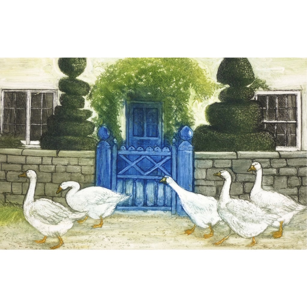 Limited edition etching of geese walking past a cottage by artist Valerie Christmas