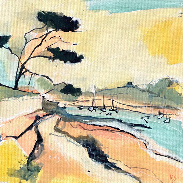 Painting of boats and trees on the shoreline at St Mawes, Cornwall by artist Aisleigh Anne