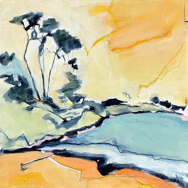 Semi abstract painting of trees on the shoreline at Grebe, Cornwall by artist Aisleigh Anne