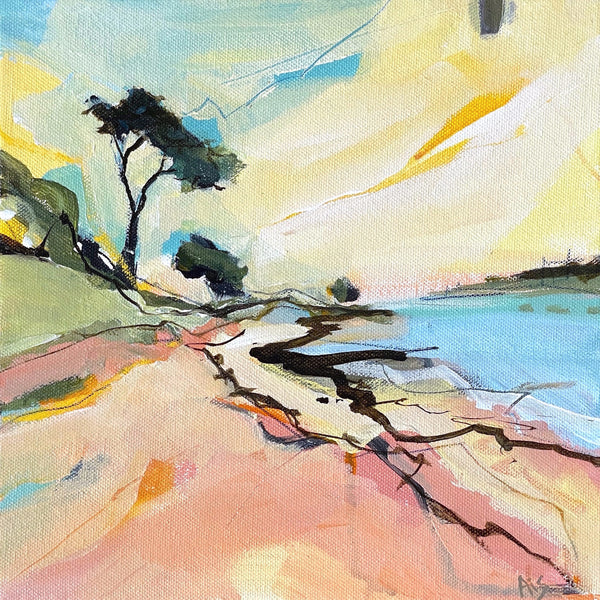 Painting of trees on the shoreline at Mylor, Cornwall by artist Aisleigh Anne