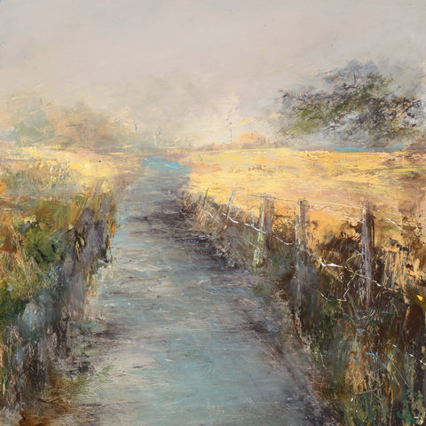 A painting of a path heading to golden fields at Zennor, Cornwall by artist Amanda Hoskin