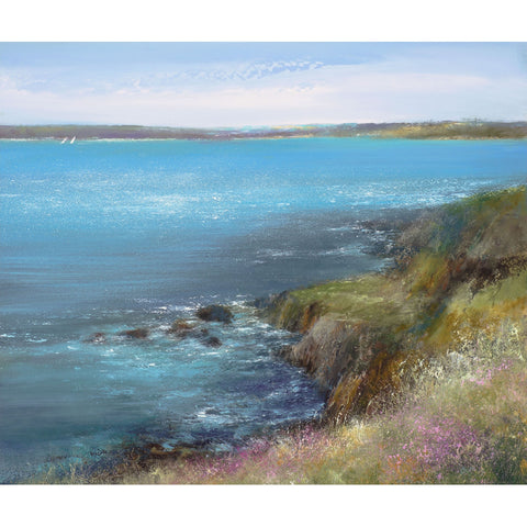 Painting of flowers and blue waters near Falmouth, Cornwall by artist Amanda Hoskin