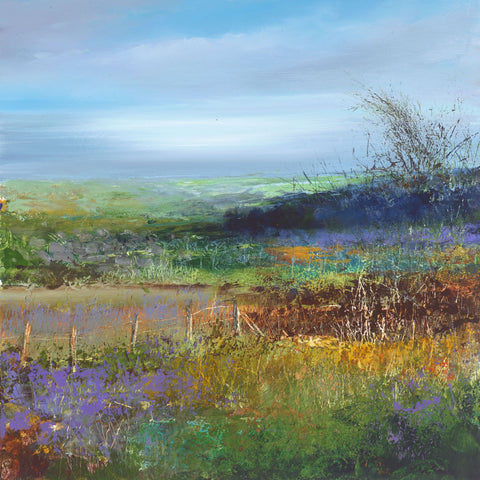 Painting of rich colours looking out across the fields towards Mount's Bay, Cornwall by artist Amanda Hoskin
