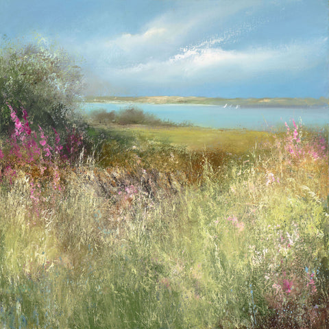 Painting of foxgloves and grasses overlooking the Carrick Roads to St Just-in-Rosland (from Mylor) by artist Amanda Hoskin