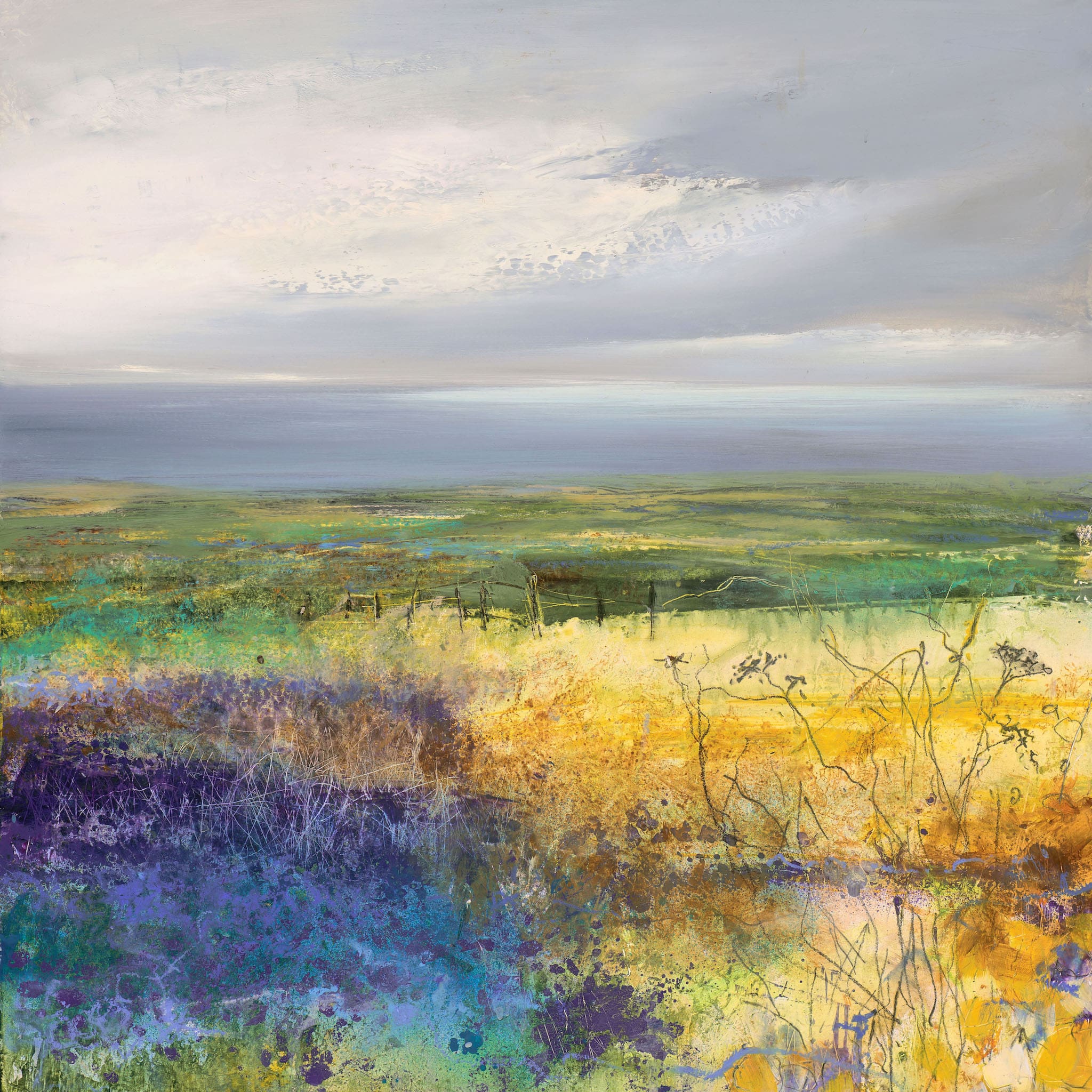 A painting of fields overlooking Mount's Bay, Cornwall by artist Amanda Hoskin