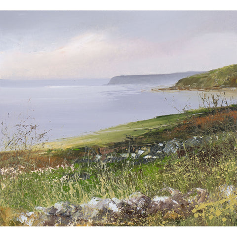 A painting of fields looking out over the sea towards Dodman Point, Cornwall by artist Amanda Hoskin