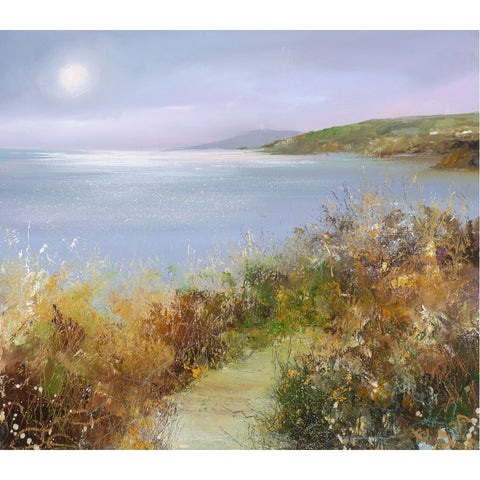 Painting of autumn grasses overlooking the sea on the Hall Walk, Fowey by artist Amanda Hoskin