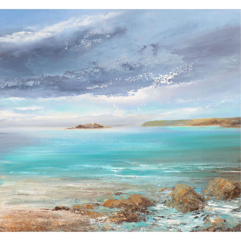 Oil painting of the rocks, sea, sky and lighthouse at Sennen, Cornwall by artist Amanda Hoskin
