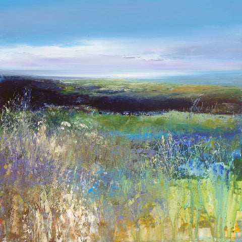 Painting of bluebells in the fields on a warm summer's day by artist Amanda Hoskin