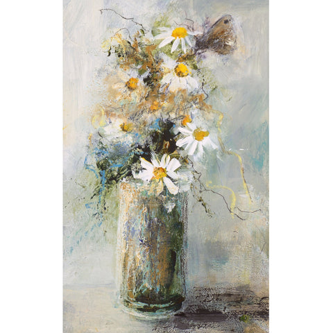 A still life painting of a butterfly and daisies by artist Amanda Hoskin