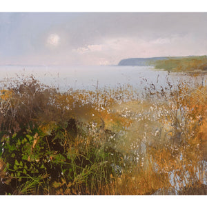 A painting of the sea and headlands in the evening light by artist Amanda Hoskin