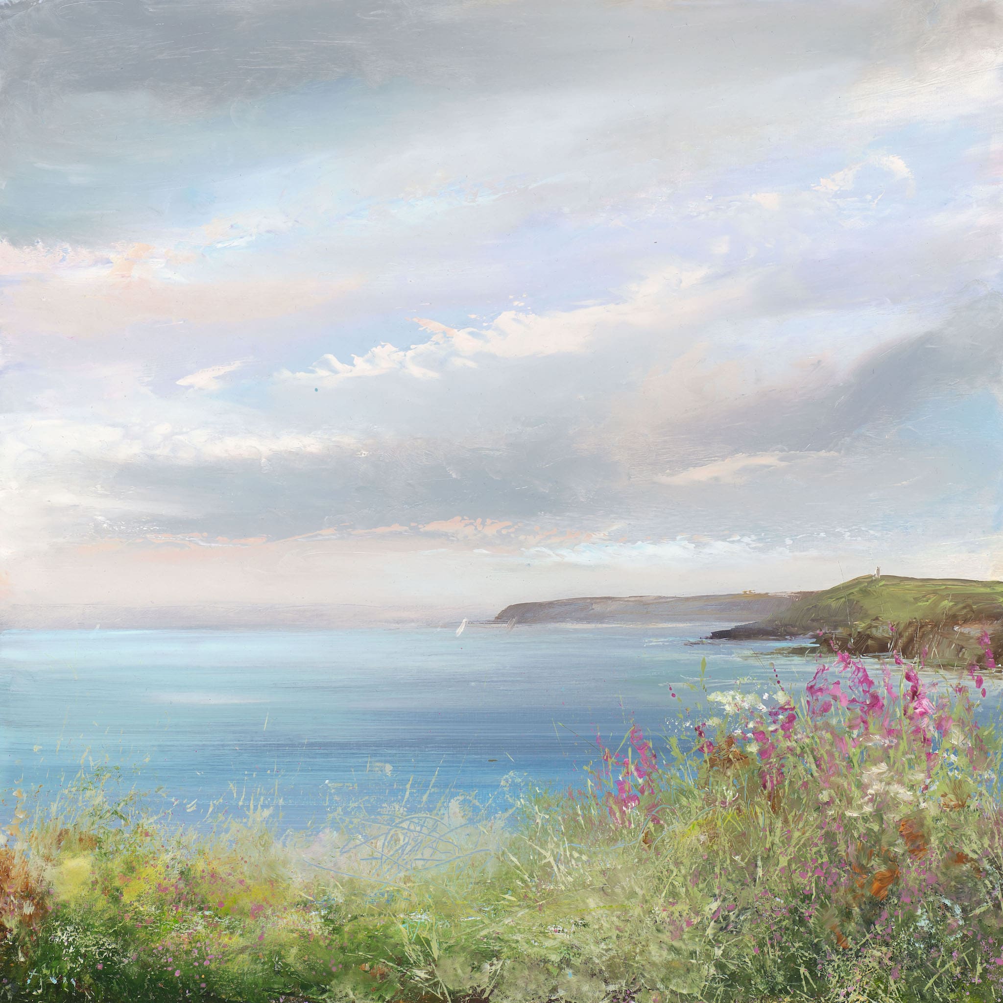 Painting of foxgloves and grasses overlooking the sea with Dodman point in the distance by artist Amanda Hoskin