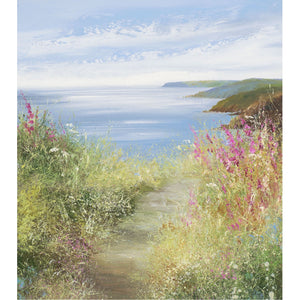 Painting of grasses and foxgloves overlooking the sea on the Hall Walk, Fowey by artist Amanda Hoskin