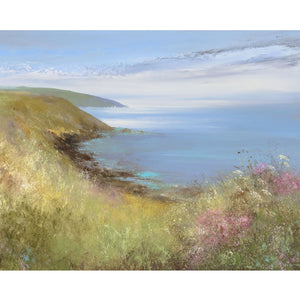 Painting of flowers and grasses overlooking the sea on the coastal path to Fowey, Cornwall by artist Amanda Hoskin