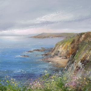 A painting of the sea and headlands from the coastal path near Polkerris, Cornwall by artist Amanda Hoskin