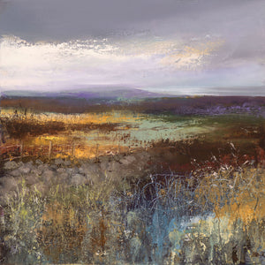 Painting of the fields looking out to Mount's Bay in the autumn by artist Amanda Hoskin