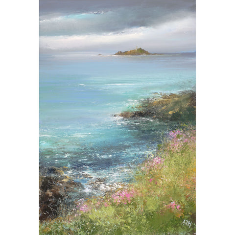 Painting of sea pinks on the coast, looking towards Godrevy Lighthouse by artist Amanda Hoskin