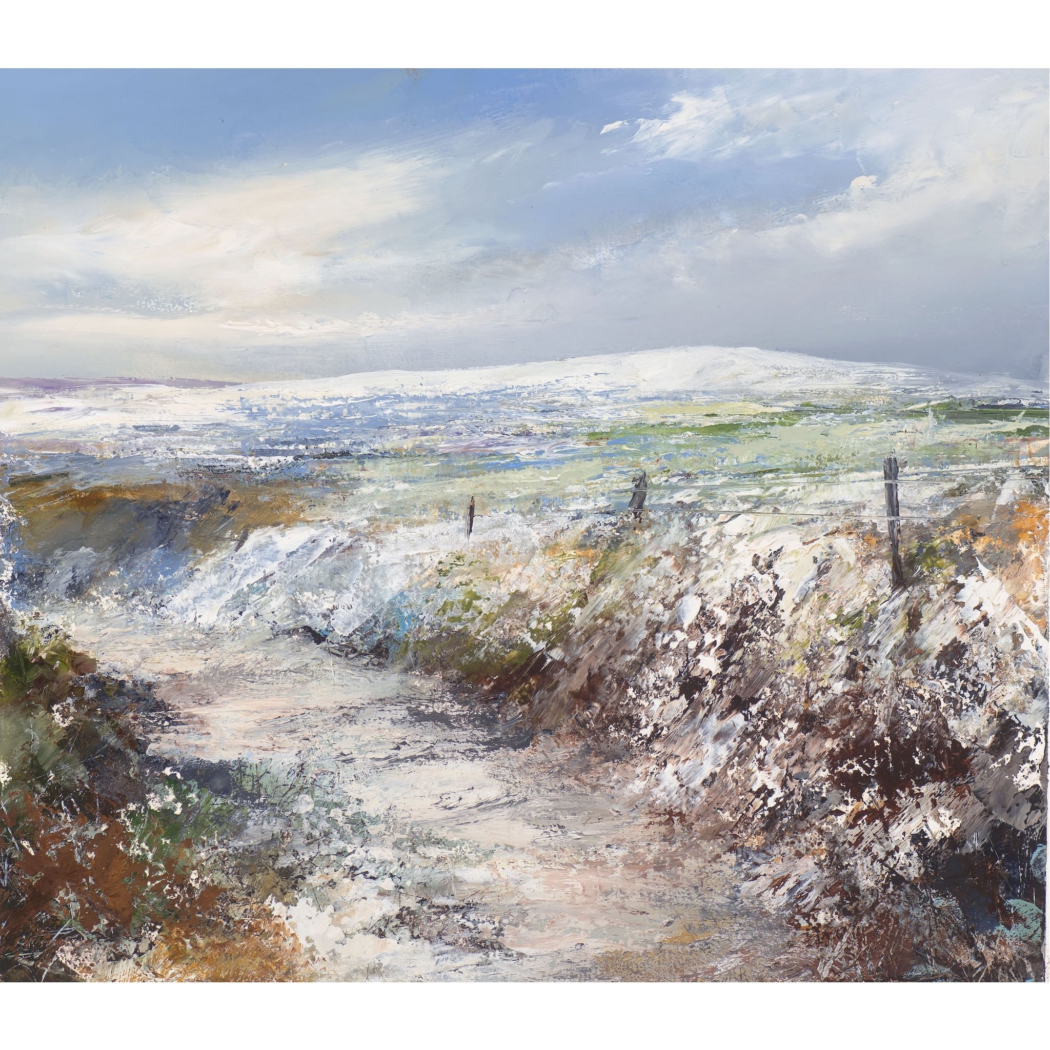 A painting of snow covered fields on the moors by artist Amanda Hoskin