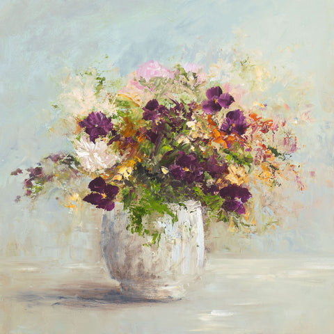 Still life oil painting of a pot and summer flowers by artist Amanda Hoskin