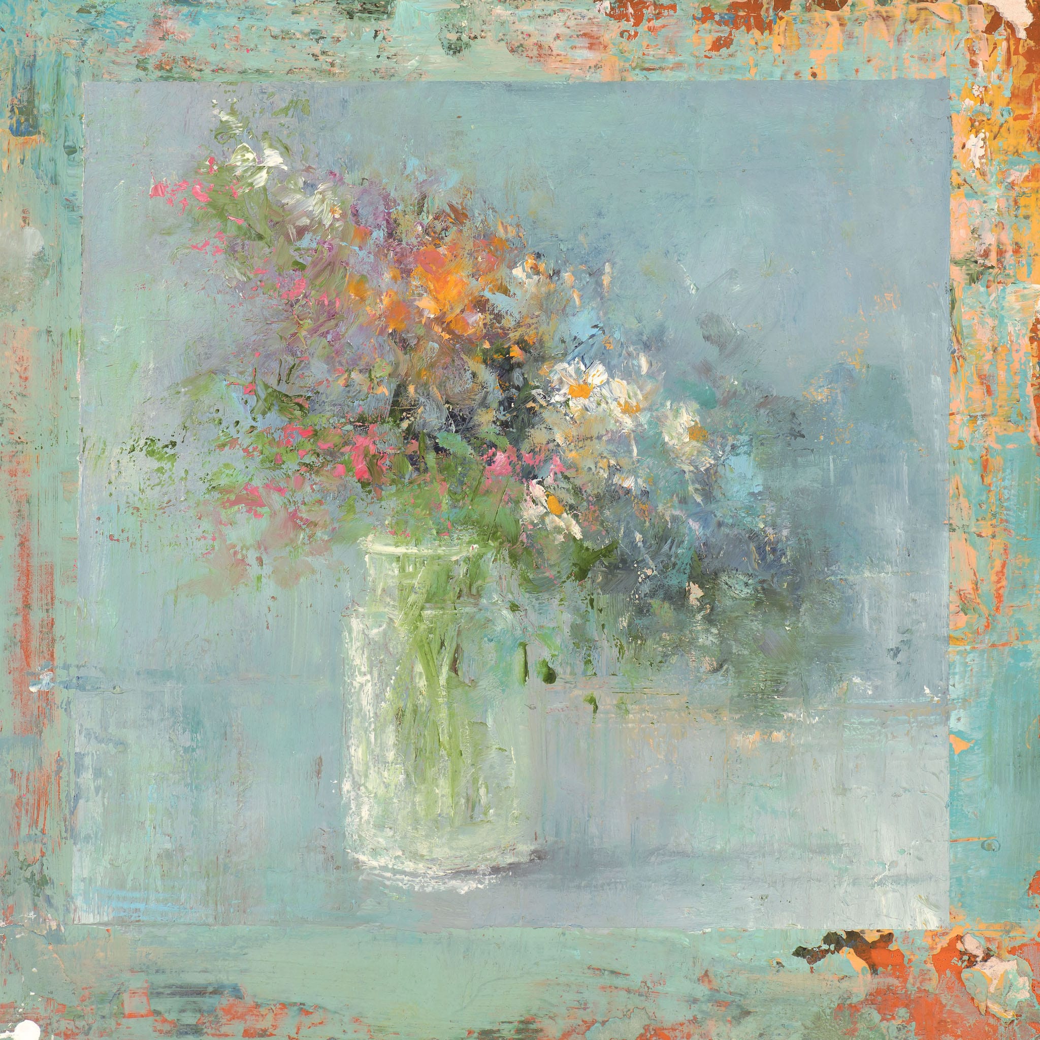 Still life oil painting of summer flowers in a vase by artist Amanda Hoskin