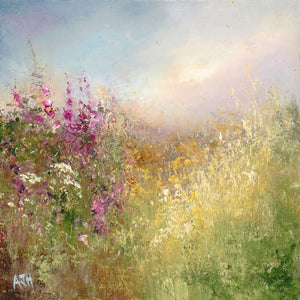 Painting of foxgloves, cow parsley and summer grasses in a hedgerow by artist Amanda Hoskin