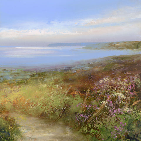 Painting of a path through coastal fields looking towards Dodman Point by artist Amanda Hoskin