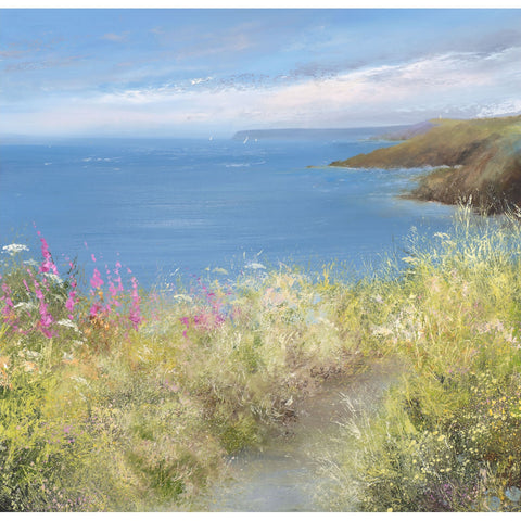 A painting of foxgloves and summer grasses on the Hall Walk near Fowey, Cornwall by artist Amanda Hoskin