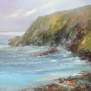 Painting of the tide coming in at Readymoney Cove, Cornwall by artist Amanda Hoskin