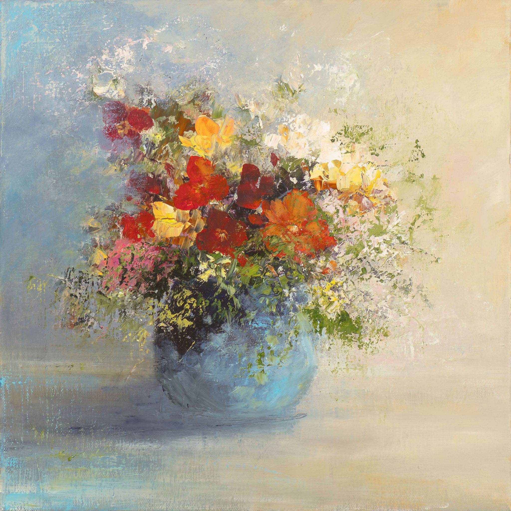 Still life oil painting of a vintage pot and summer flowers by artist Amanda Hoskin
