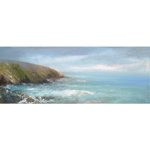 Painting of waves crashing over the rocks on the coastal path near Fowey, Cornwall by artist Amanda Hoskin