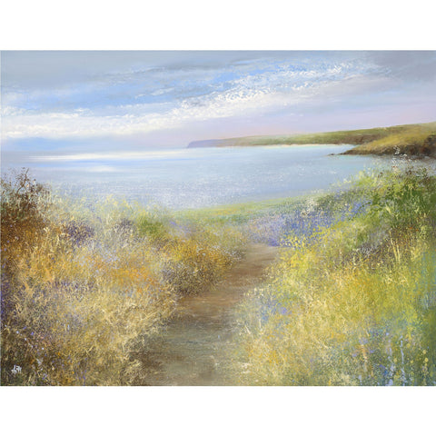 Limited edition print of a coastal path winding through bluebells near Dodman Point, Cornwall by artist Amanda Hoskin