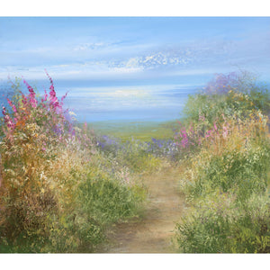 Limited edition print of a coastal path winding through the wild flowers as light sparkles on the sea in the distance by artist Amanda Hoskin