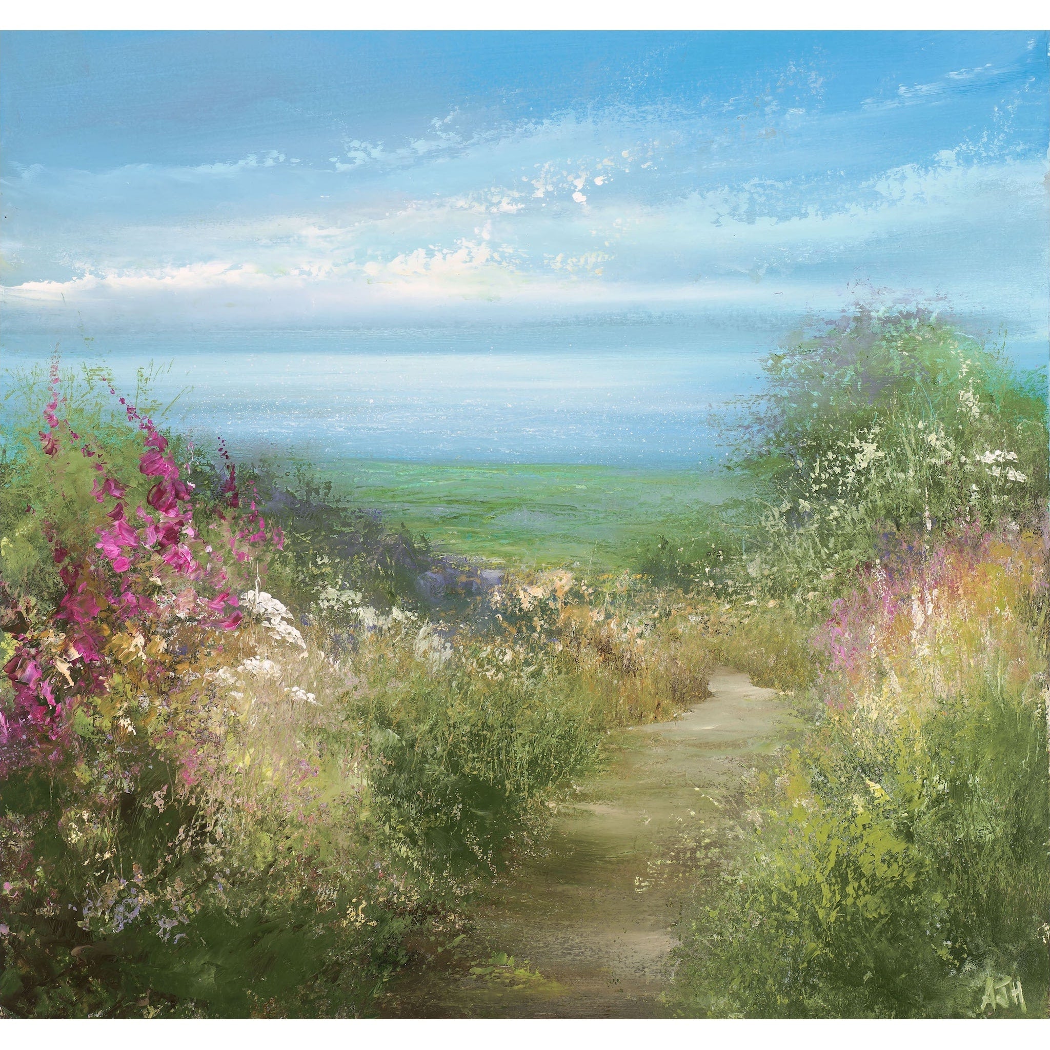 Limited edition print of a path winding through flowers with the sea in the distance by artist Amanda Hoskin