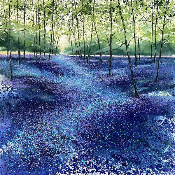 Painting of bluebells growing in woodland as light shines through the trees by artist Adele Riley