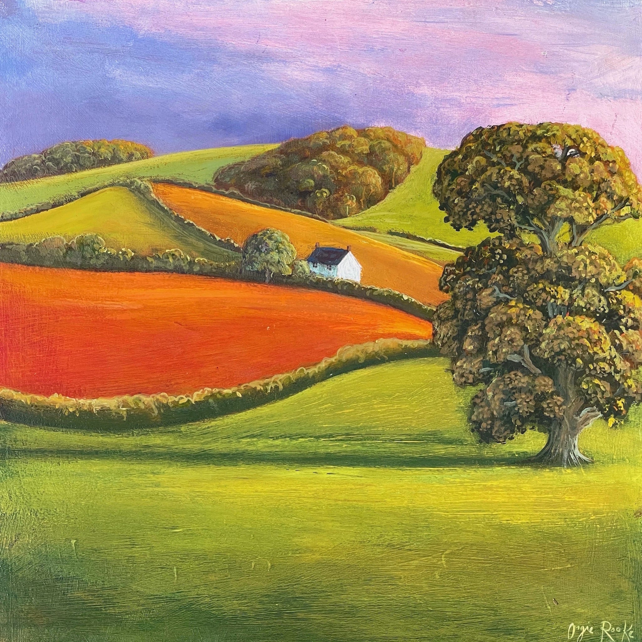 Painting of trees a cottage and rolling fields by artist Angie Rooke