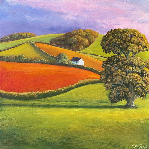 Painting of trees a cottage and rolling fields by artist Angie Rooke