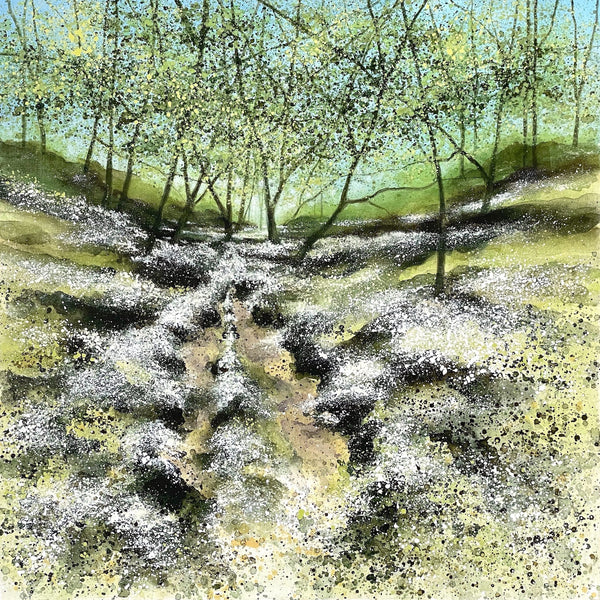 Painting of white flowers growing beneath the trees by artist Adele Riley